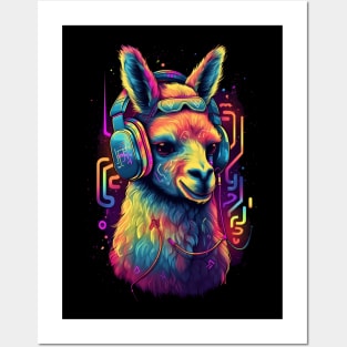 Llama Rocking Out with Multihued Soundwaves Posters and Art